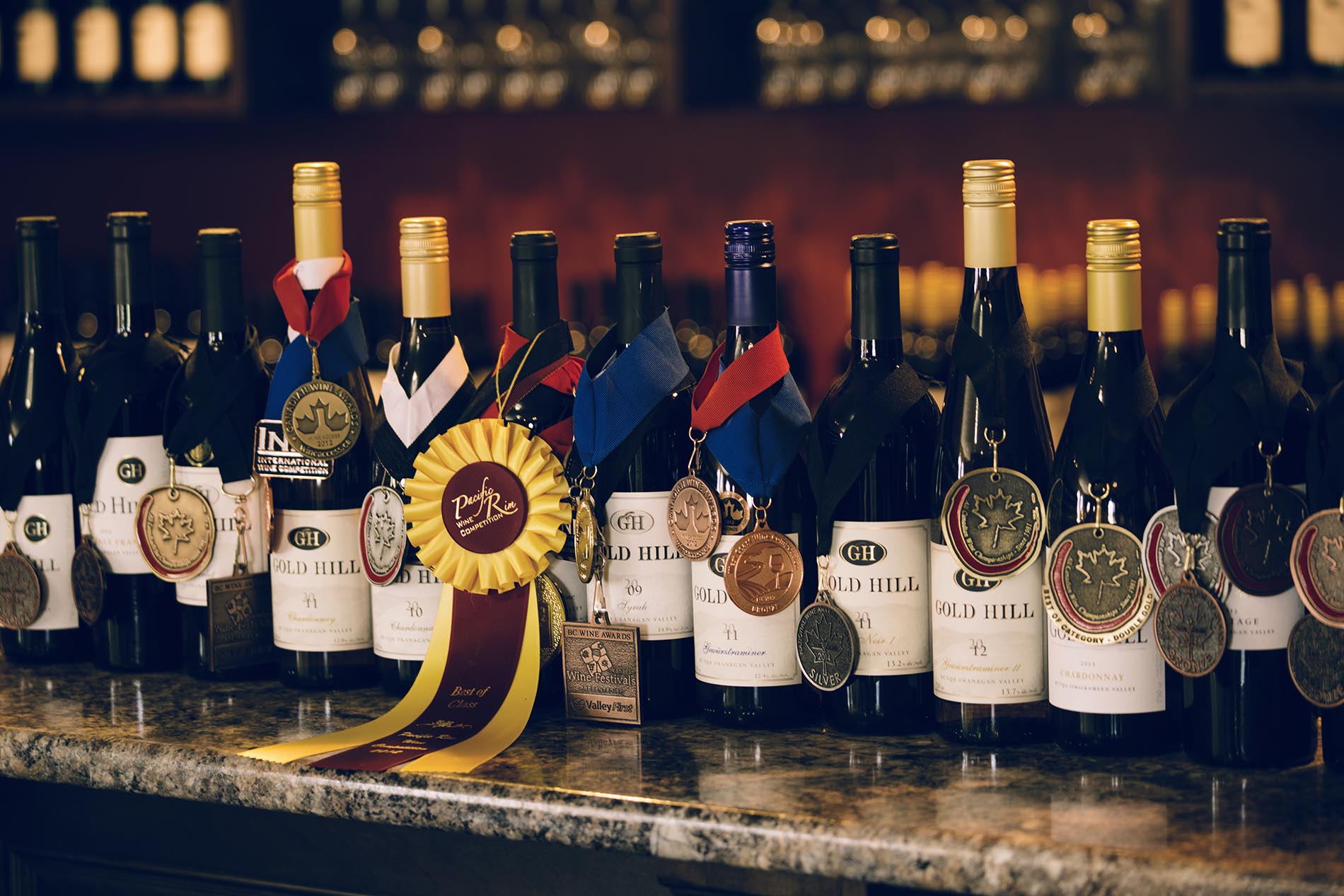 Gold Hill wine bottles with awards and medals